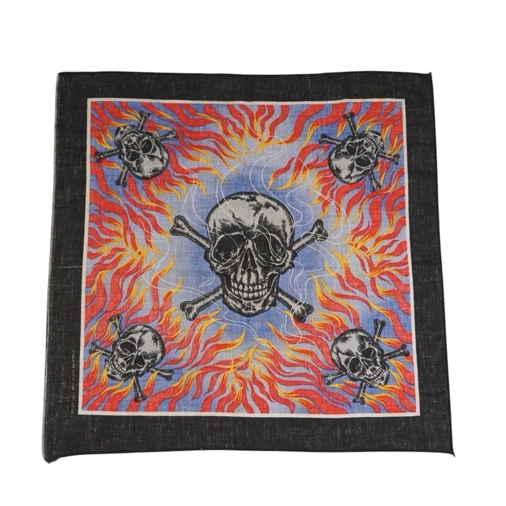 Vintage 1990s Skull & Cross Bones Flame All Over Print Biker USA Bandana - Picture 5 of 9